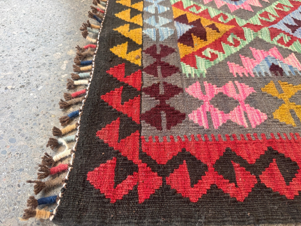 Afghan Maimana Kilim — Rose Pink & Mint Diamonds | 5'5" × 7'3"