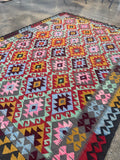 Afghan Maimana Kilim — Rose Pink & Mint Diamonds | 5'5" × 7'3"