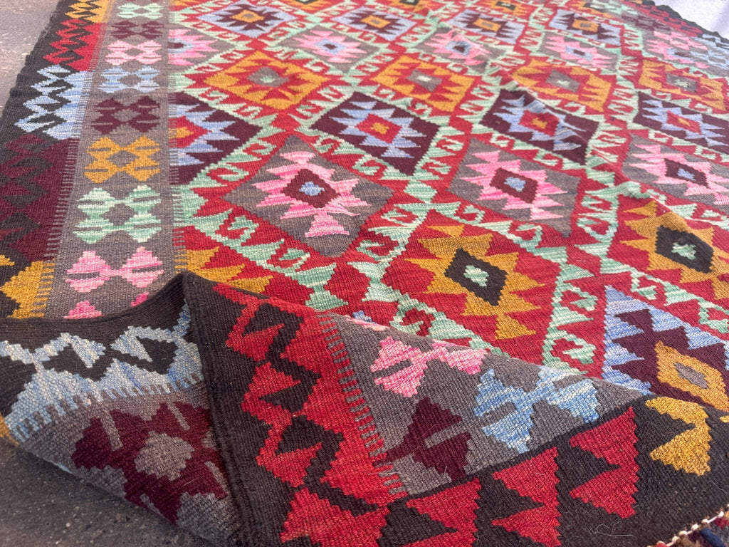 Afghan Maimana Kilim — Rose Pink & Mint Diamonds | 5'5" × 7'3"