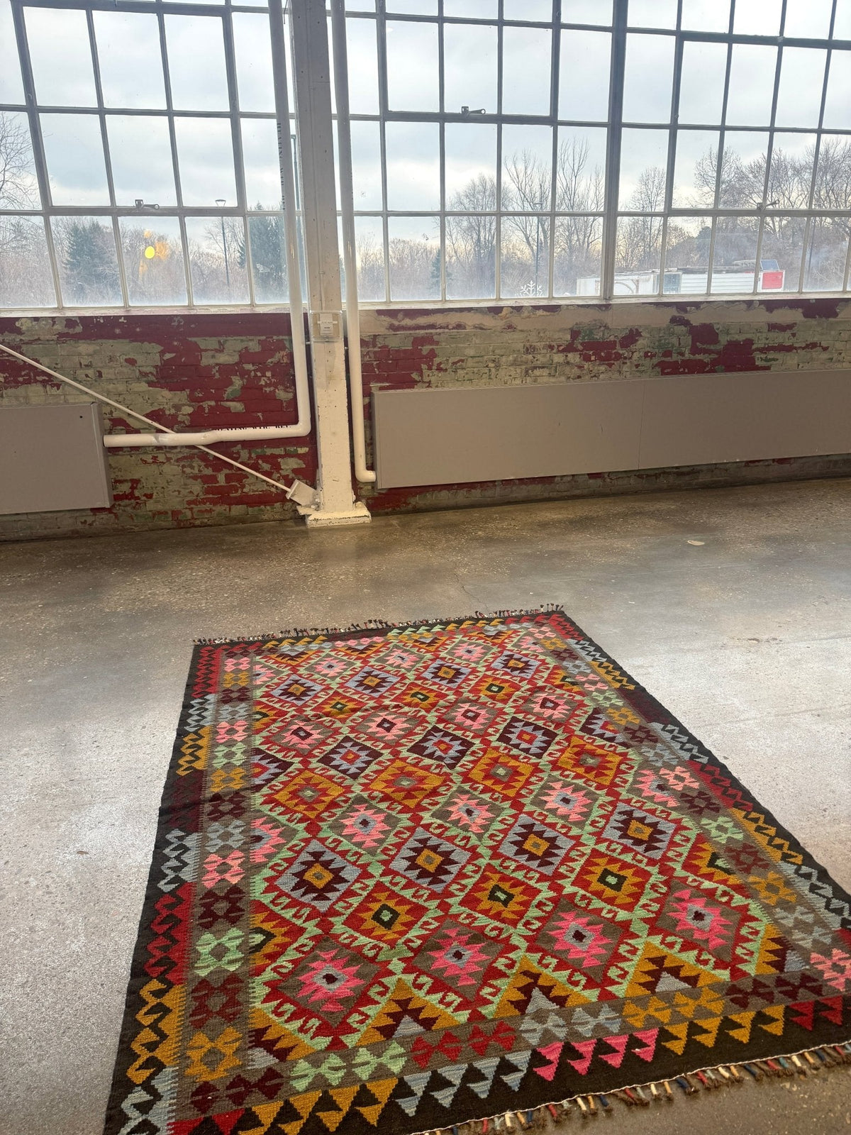 Afghan Maimana Kilim — Rose Pink & Mint Diamonds | 5'5" × 7'3"