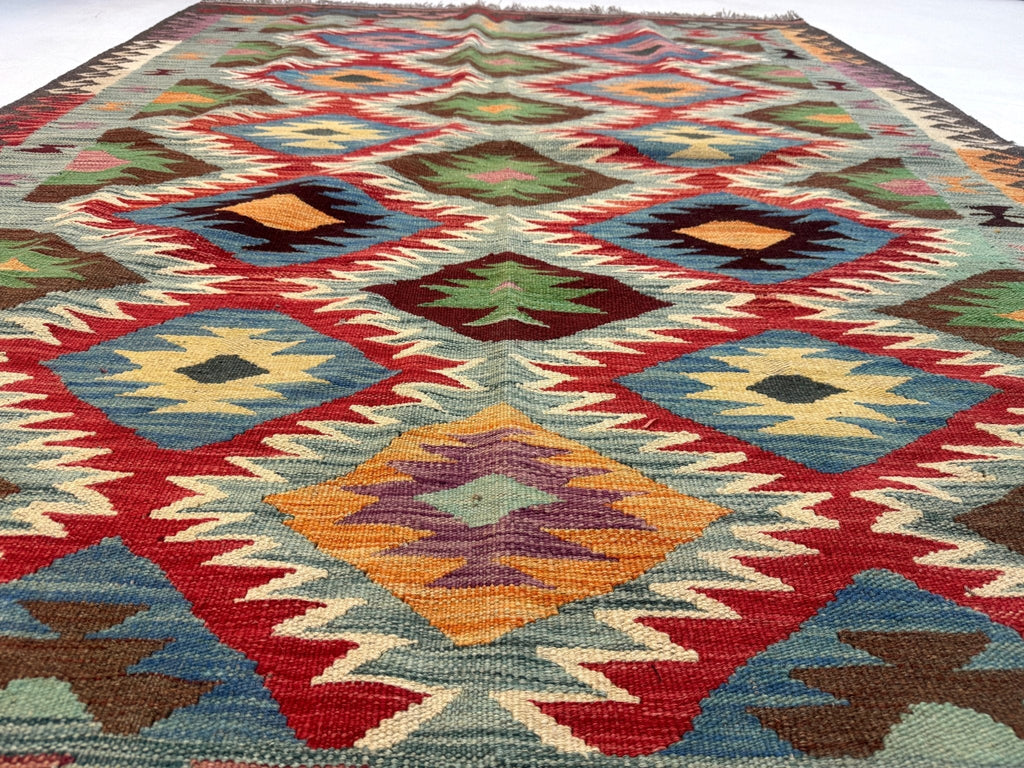 Kilim afgano de Maimana — Rombos dentados en salvia y rubí | 5' × 6'7"