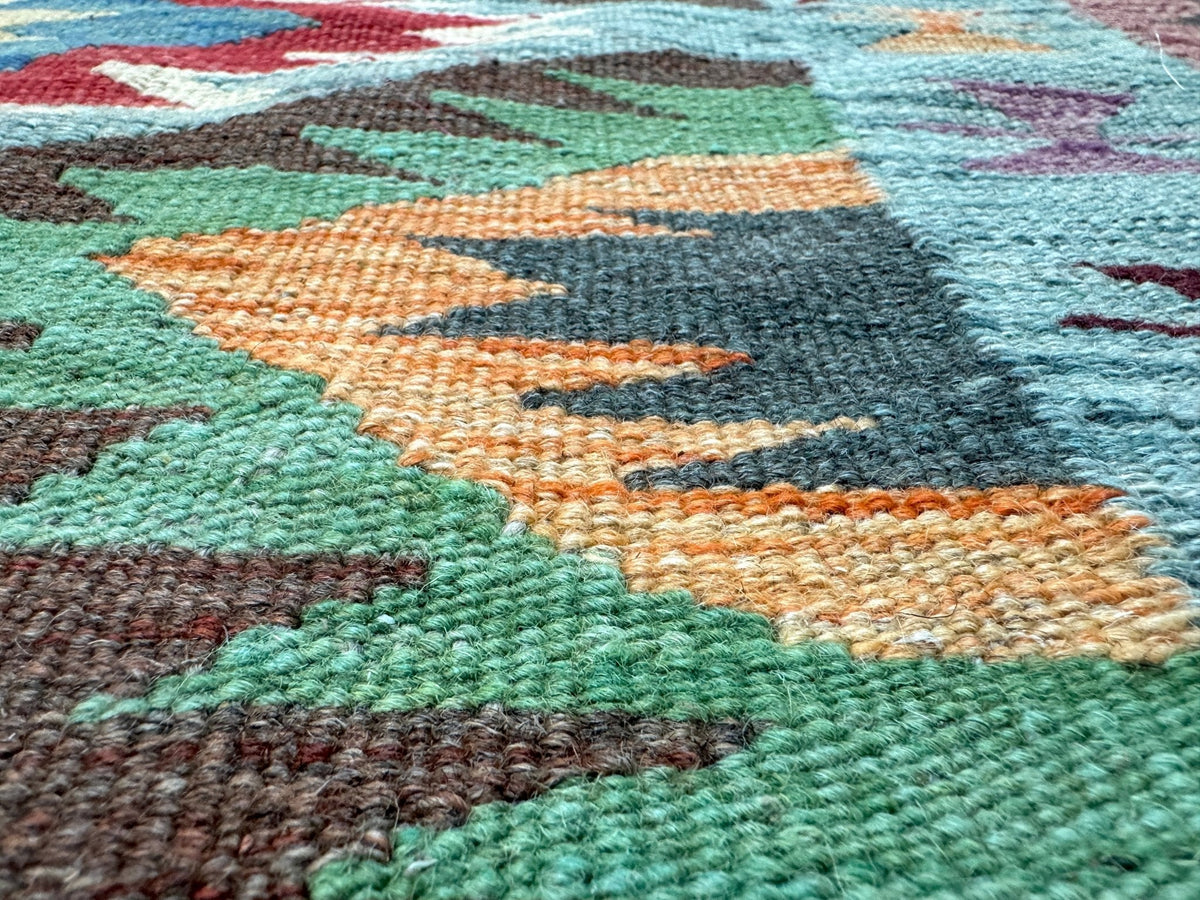 Kilim afgano de Maimana — Rombos dentados en salvia y rubí | 5' × 6'7"