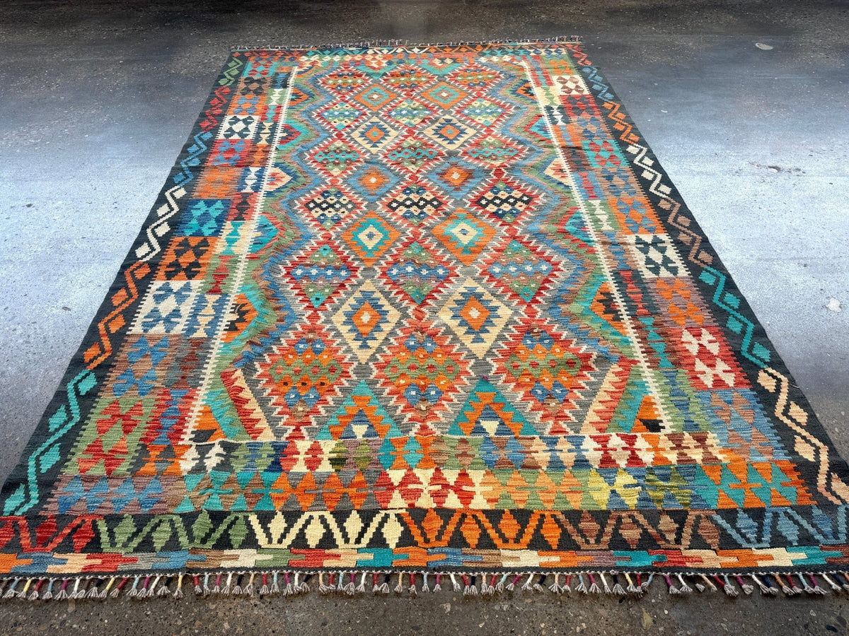 Afghan Maimana Kilim — Turquoise & Tangerine Mosaic | 6'6" × 9'8"