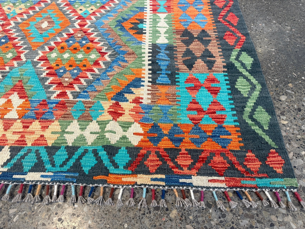 Afghan Maimana Kilim — Turquoise & Tangerine Mosaic | 6'6" × 9'8"