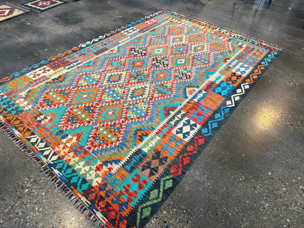 Afghan Maimana Kilim — Turquoise & Tangerine Mosaic | 6'6" × 9'8"