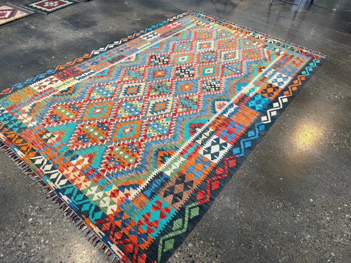 Afghan Maimana Kilim — Turquoise & Tangerine Mosaic | 6'6" × 9'8"