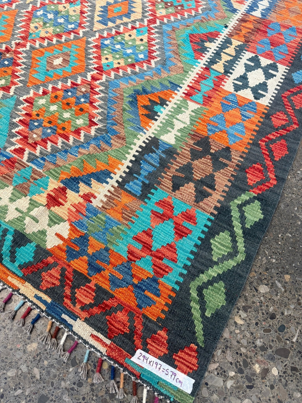 Afghan Maimana Kilim — Turquoise & Tangerine Mosaic | 6'6" × 9'8"