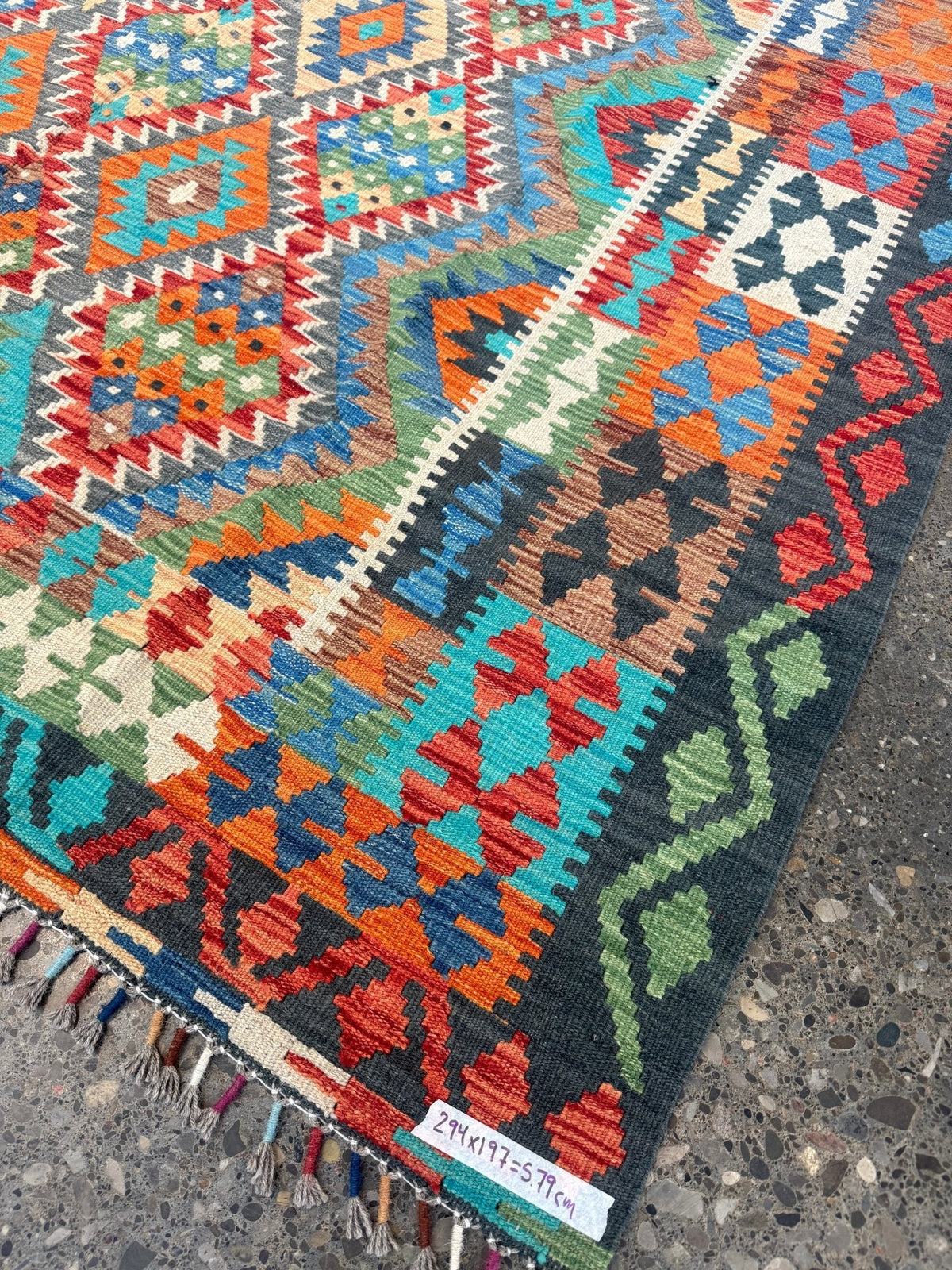Afghan Maimana Kilim — Turquoise & Tangerine Mosaic | 6'6" × 9'8"