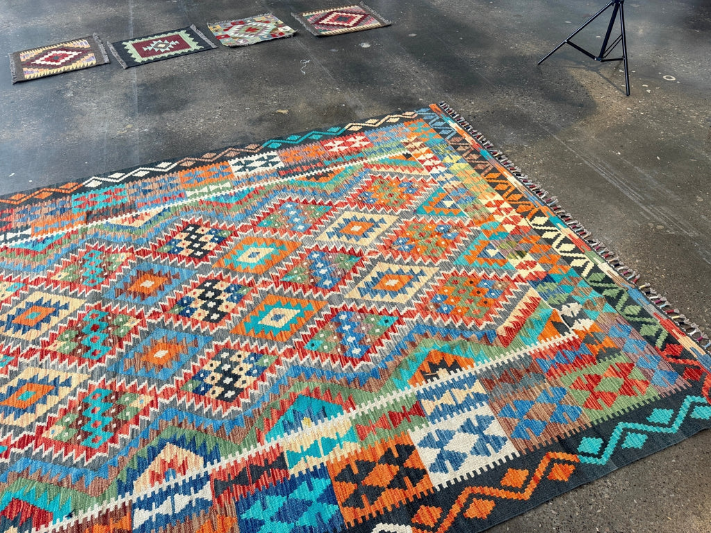 Afghan Maimana Kilim — Turquoise & Tangerine Mosaic | 6'6" × 9'8"
