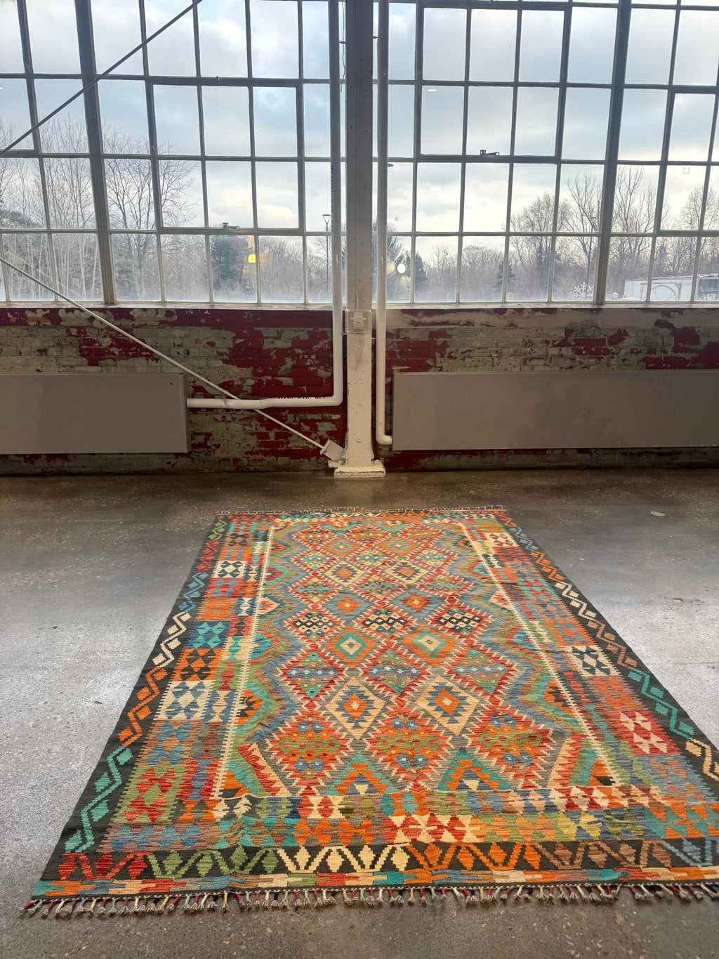 Afghan Maimana Kilim — Turquoise & Tangerine Mosaic | 6'6" × 9'8"