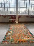 Afghan Maimana Kilim — Turquoise & Tangerine Mosaic | 6'6" × 9'8"