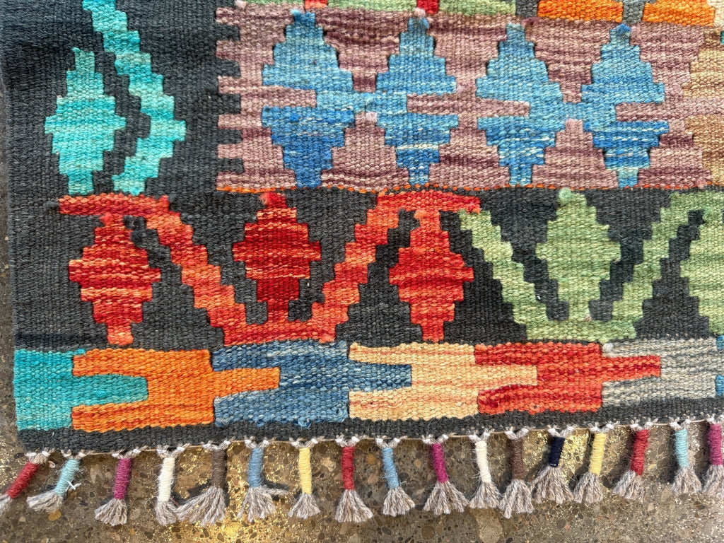 Afghan Maimana Kilim — Turquoise & Tangerine Mosaic | 6'6" × 9'8"