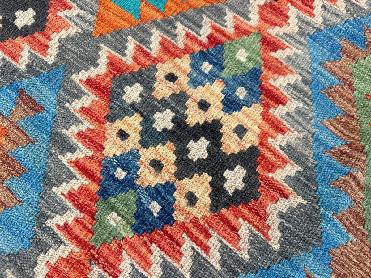 Afghan Maimana Kilim — Turquoise & Tangerine Mosaic | 6'6" × 9'8"