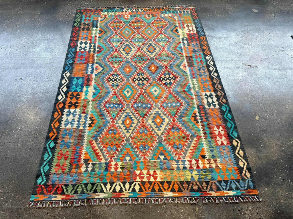 Afghan Maimana Kilim — Turquoise & Tangerine Mosaic | 6'6" × 9'8"