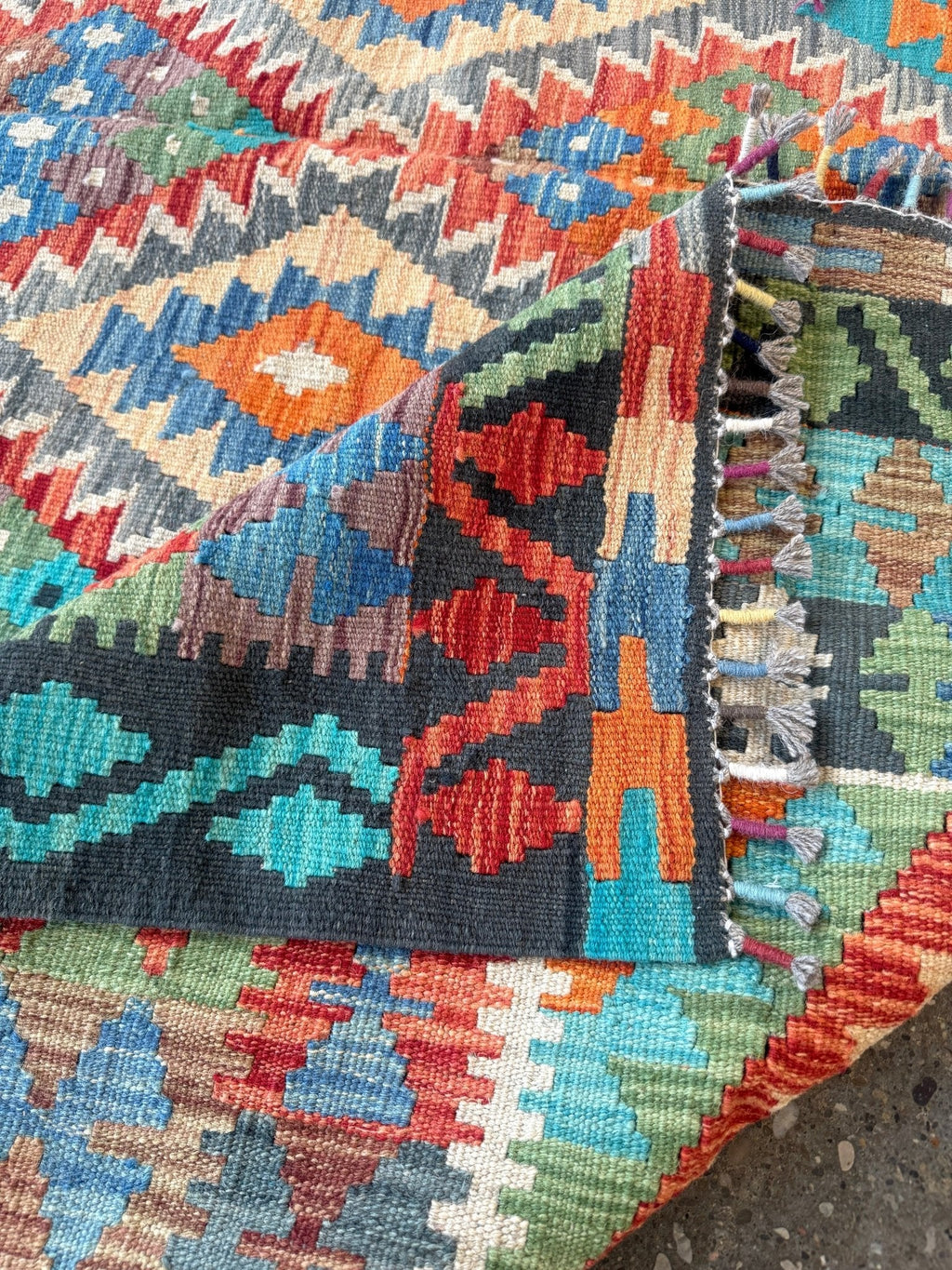 Afghan Maimana Kilim — Turquoise & Tangerine Mosaic | 6'6" × 9'8"