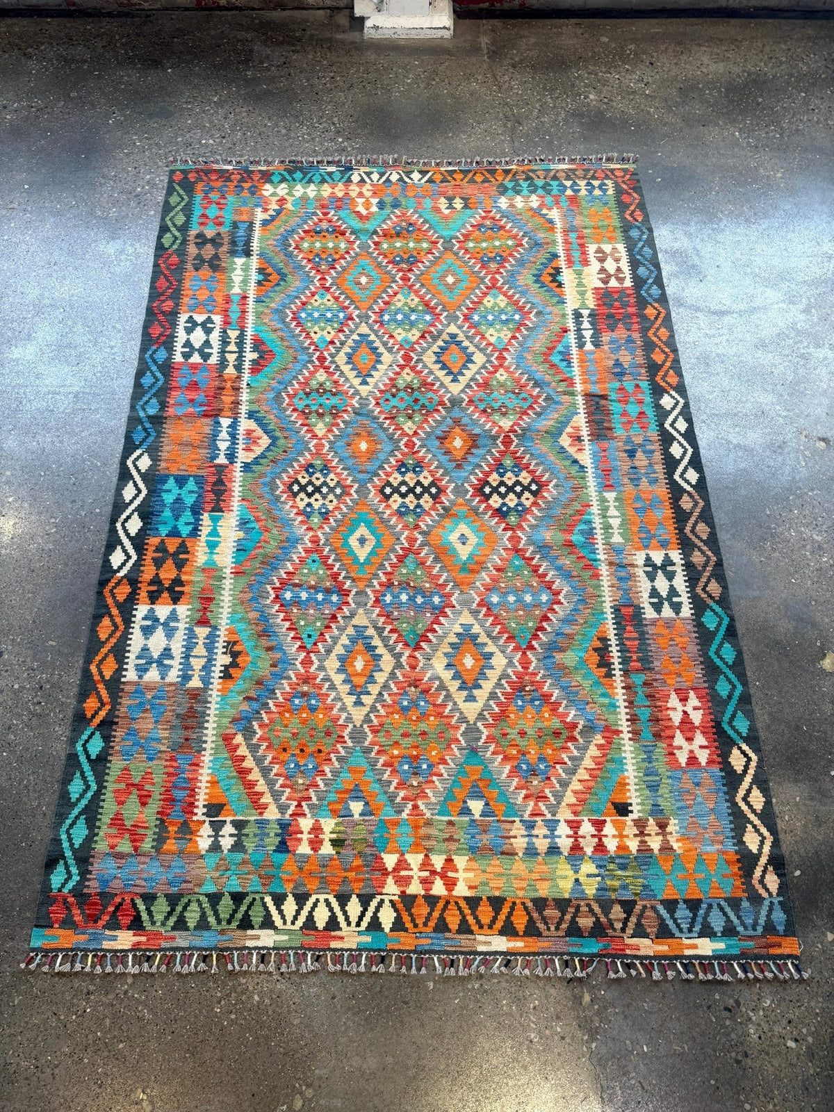 Afghan Maimana Kilim — Turquoise & Tangerine Mosaic | 6'6" × 9'8"