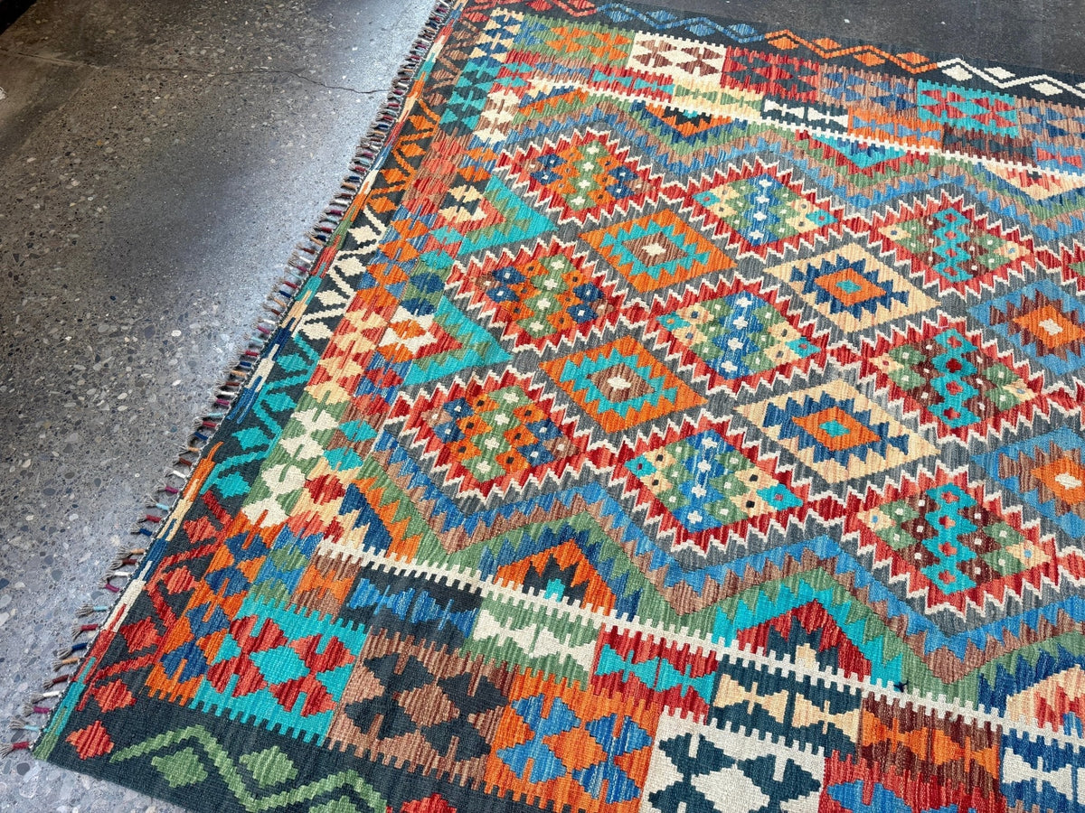 Afghan Maimana Kilim — Turquoise & Tangerine Mosaic | 6'6" × 9'8"
