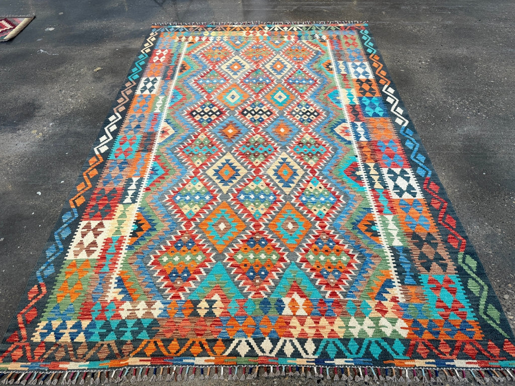 Afghan Maimana Kilim — Turquoise & Tangerine Mosaic | 6'6" × 9'8"
