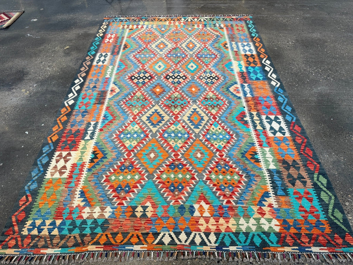 Afghan Maimana Kilim — Turquoise & Tangerine Mosaic | 6'6" × 9'8"