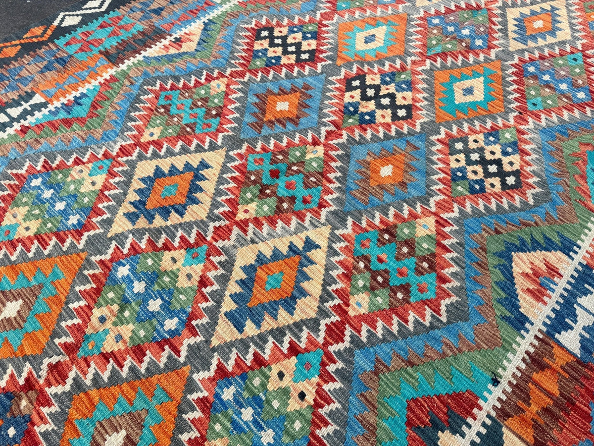 Afghan Maimana Kilim — Turquoise & Tangerine Mosaic | 6'6" × 9'8"