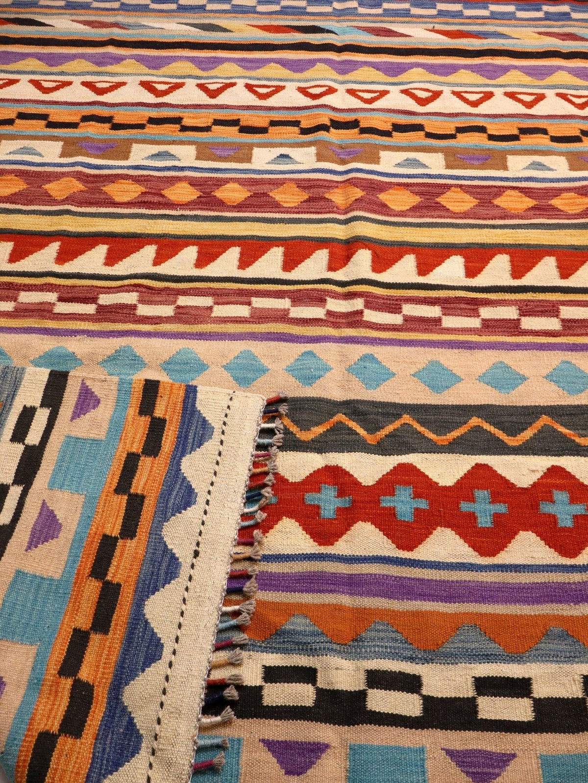 Kilim afgano de Maimana — Rayas ámbar y azul cielo | 6'7" × 9'10"