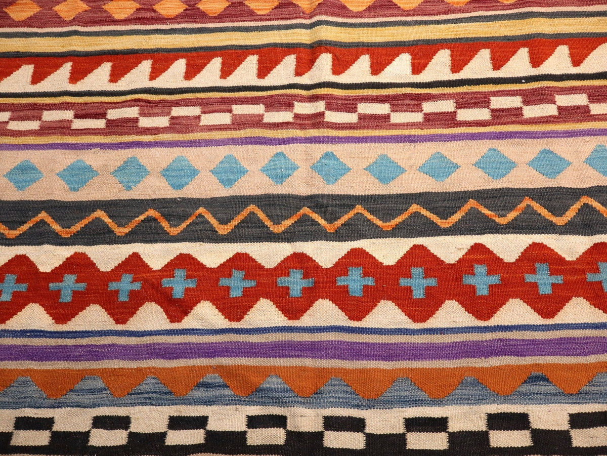 Kilim afgano de Maimana — Rayas ámbar y azul cielo | 6'7" × 9'10"