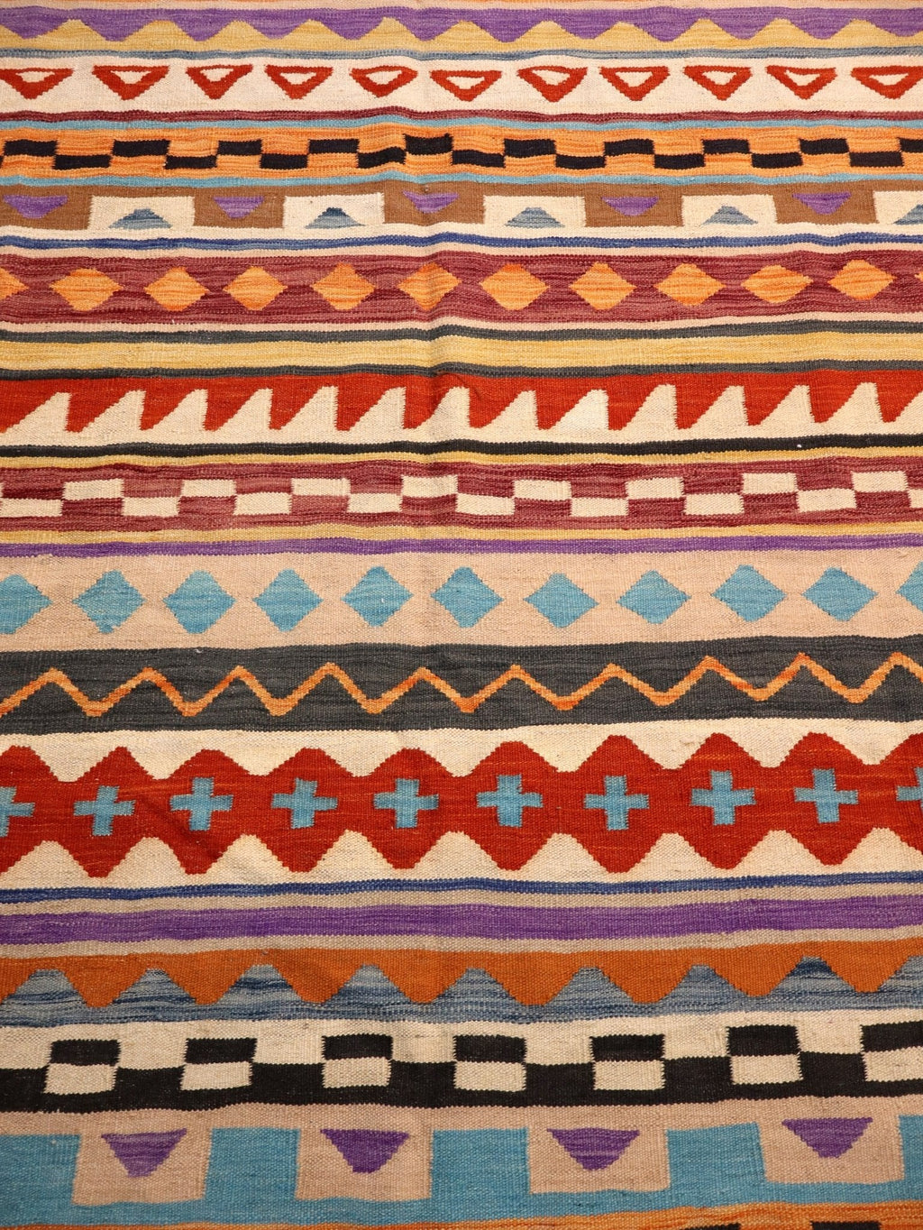 Kilim afgano de Maimana — Rayas ámbar y azul cielo | 6'7" × 9'10"