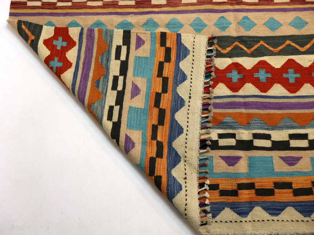 Kilim afgano de Maimana — Rayas ámbar y azul cielo | 6'7" × 9'10"