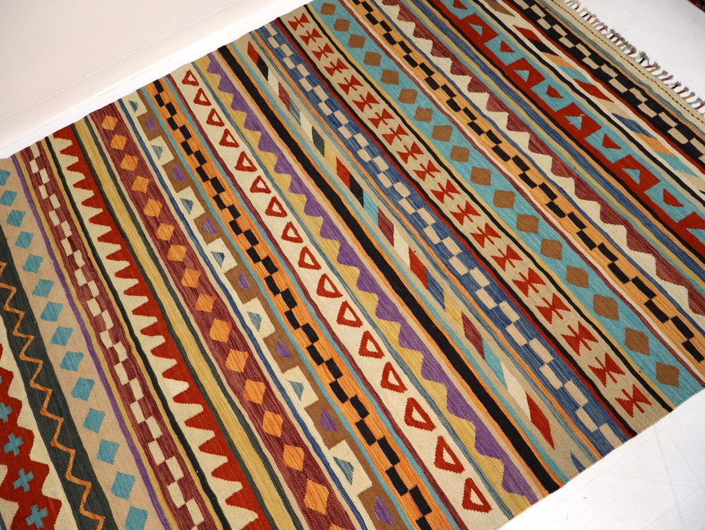 Kilim afgano de Maimana — Rayas ámbar y azul cielo | 6'7" × 9'10"