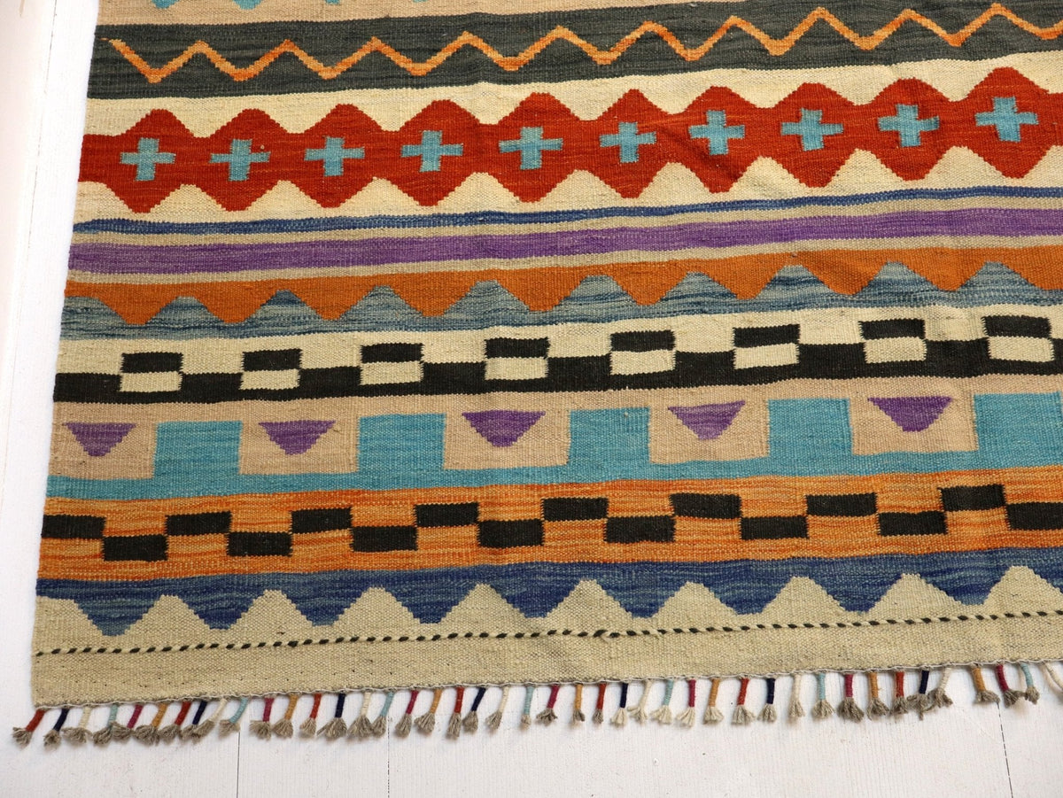 Kilim afgano de Maimana — Rayas ámbar y azul cielo | 6'7" × 9'10"