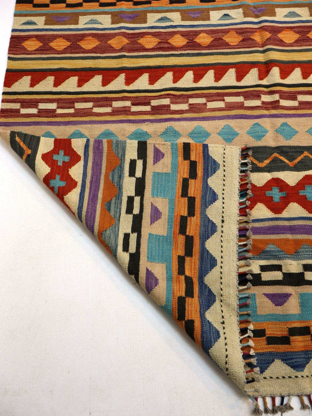 Kilim afgano de Maimana — Rayas ámbar y azul cielo | 6'7" × 9'10"