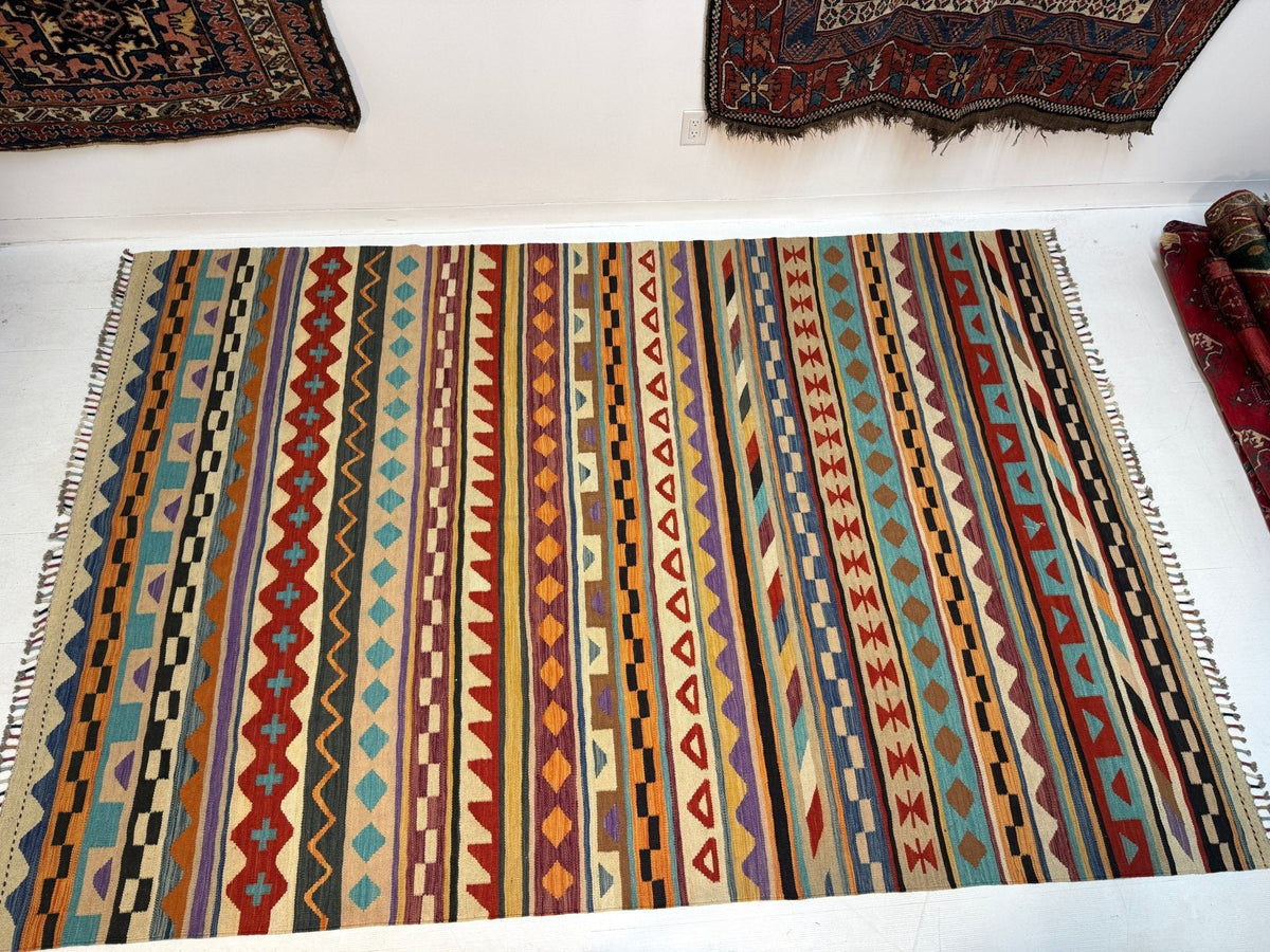 Kilim afgano de Maimana — Rayas ámbar y azul cielo | 6'7" × 9'10"