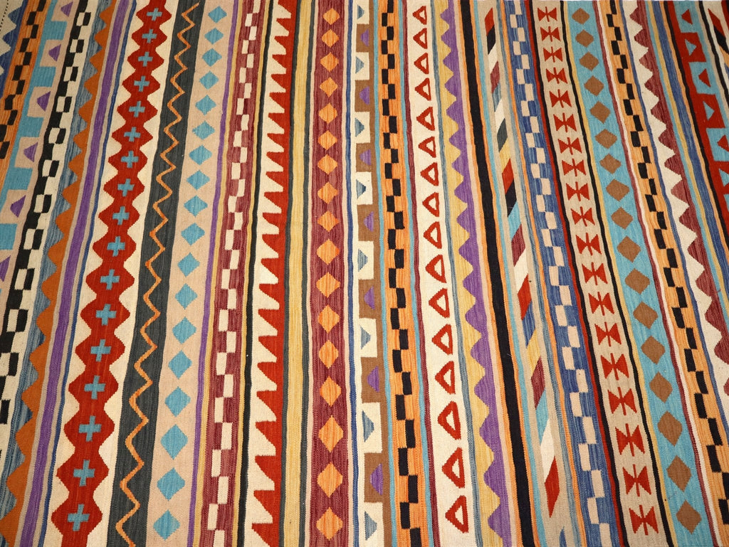 Kilim afgano de Maimana — Rayas ámbar y azul cielo | 6'7" × 9'10"