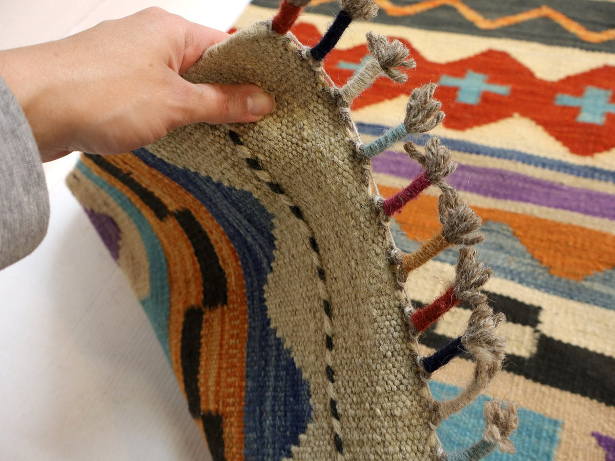 Kilim afgano de Maimana — Rayas ámbar y azul cielo | 6'7" × 9'10"