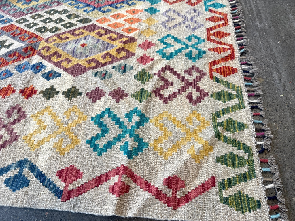 Afghan Maimana Kilim — Pastel Diamonds on Ivory | 7' × 9'11"
