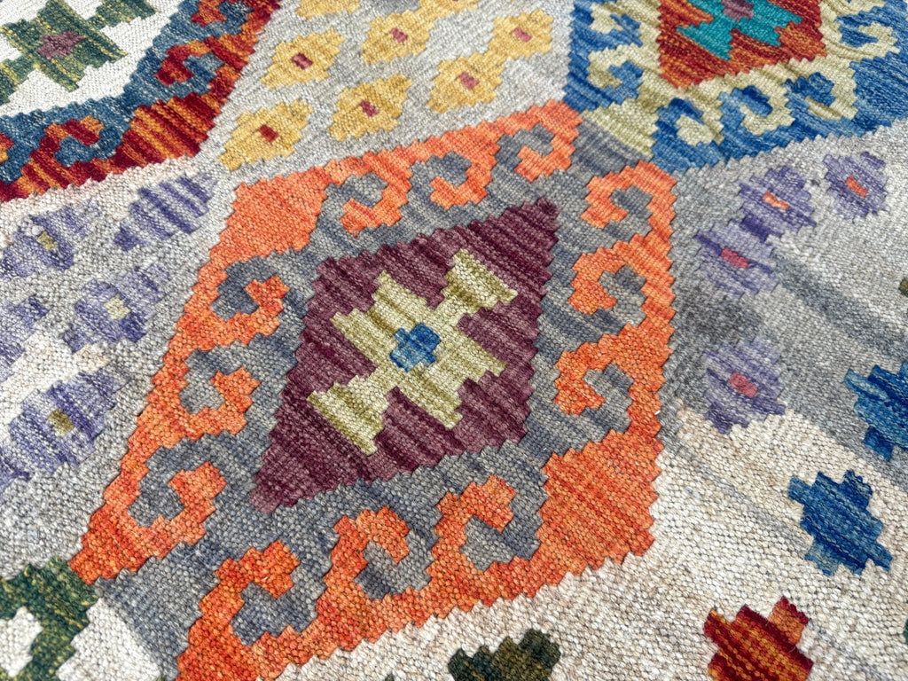 Afghan Maimana Kilim — Pastel Diamonds on Ivory | 7' × 9'11"