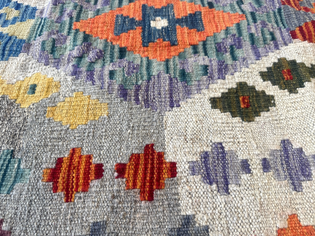 Afghan Maimana Kilim — Pastel Diamonds on Ivory | 7' × 9'11"