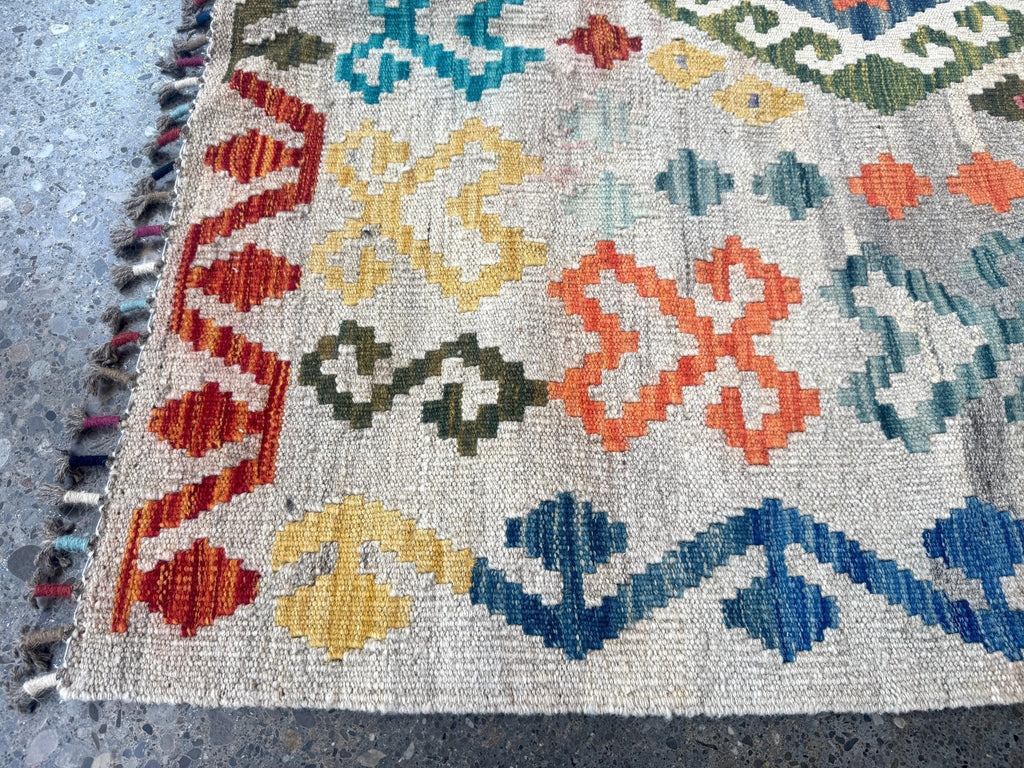 Afghan Maimana Kilim — Pastel Diamonds on Ivory | 7' × 9'11"
