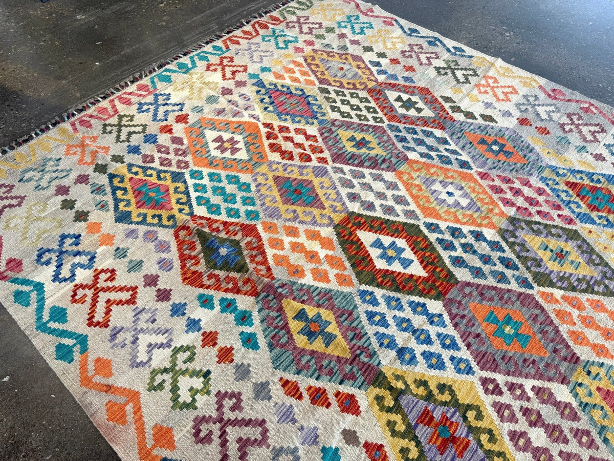 Afghan Maimana Kilim — Pastel Diamonds on Ivory | 7' × 9'11"