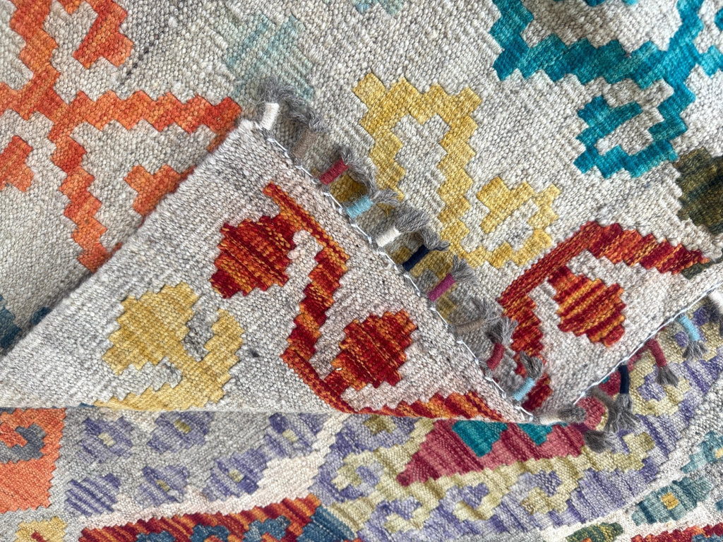 Afghan Maimana Kilim — Pastel Diamonds on Ivory | 7' × 9'11"