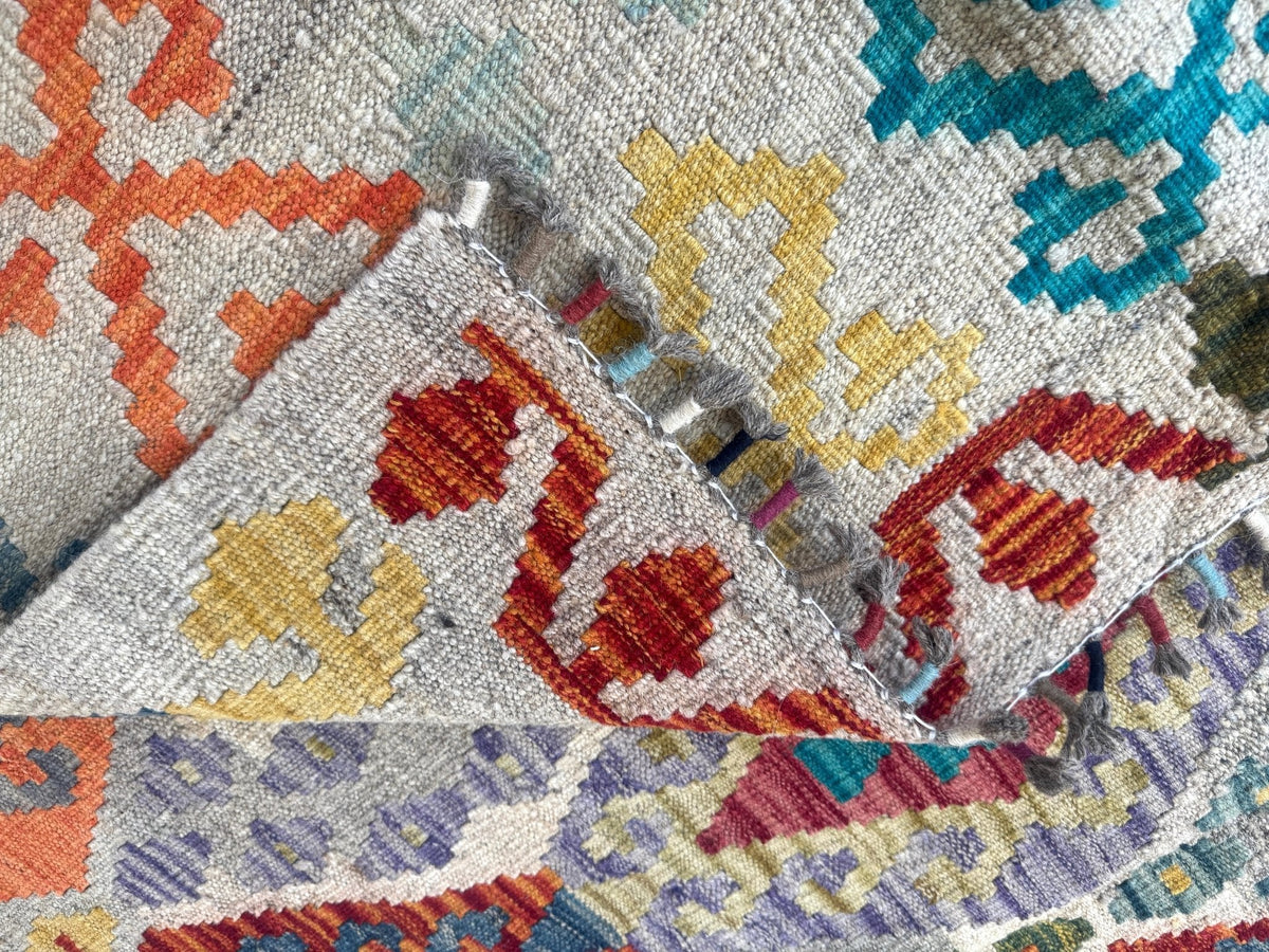Afghan Maimana Kilim — Pastel Diamonds on Ivory | 7' × 9'11"