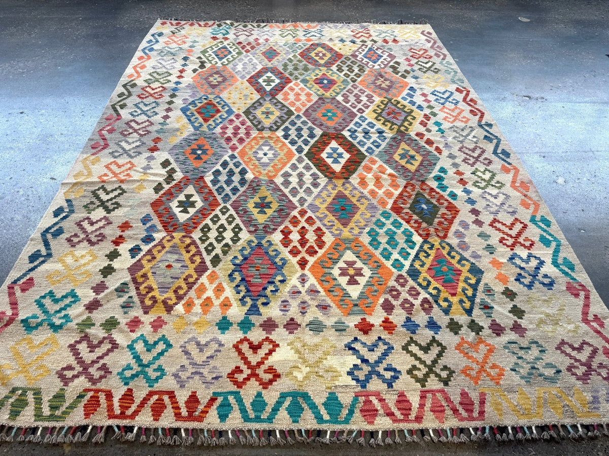 Afghan Maimana Kilim — Pastel Diamonds on Ivory | 7' × 9'11"