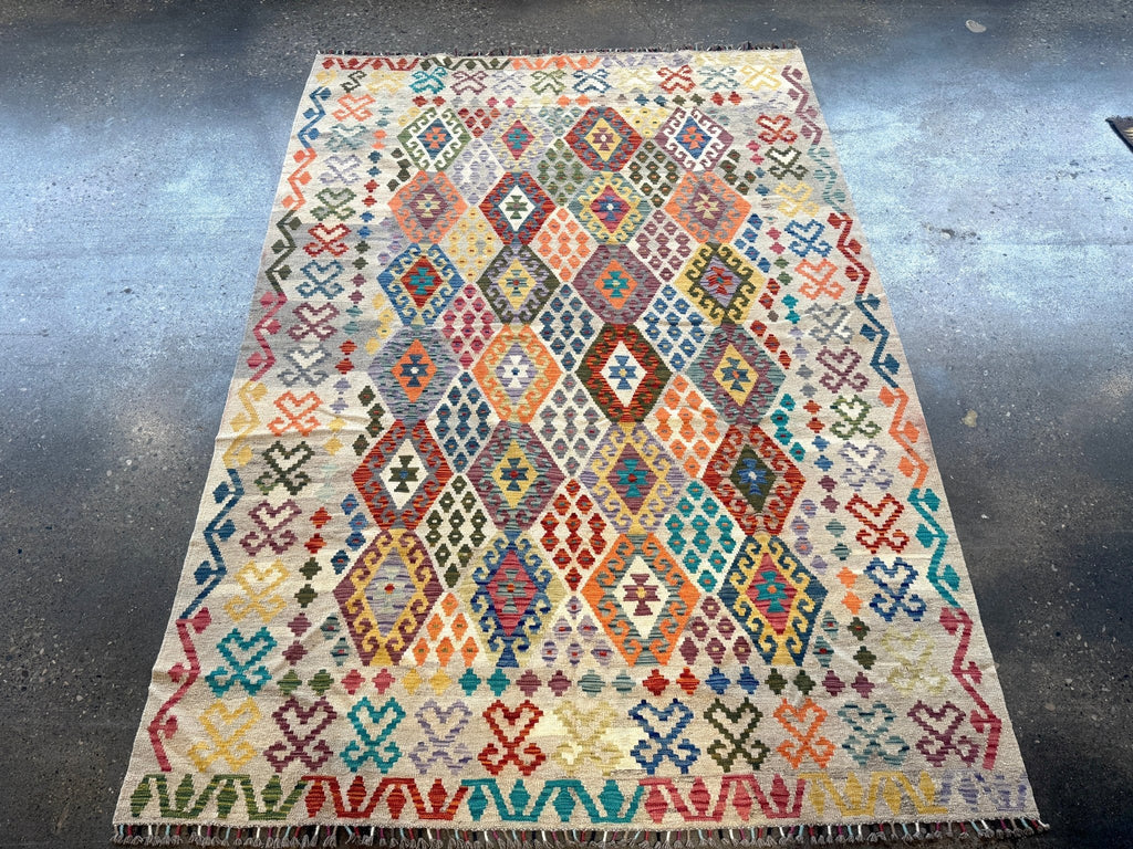 Afghan Maimana Kilim — Pastel Diamonds on Ivory | 7' × 9'11"