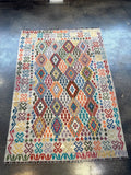 Afghan Maimana Kilim — Pastel Diamonds on Ivory | 7' × 9'11"