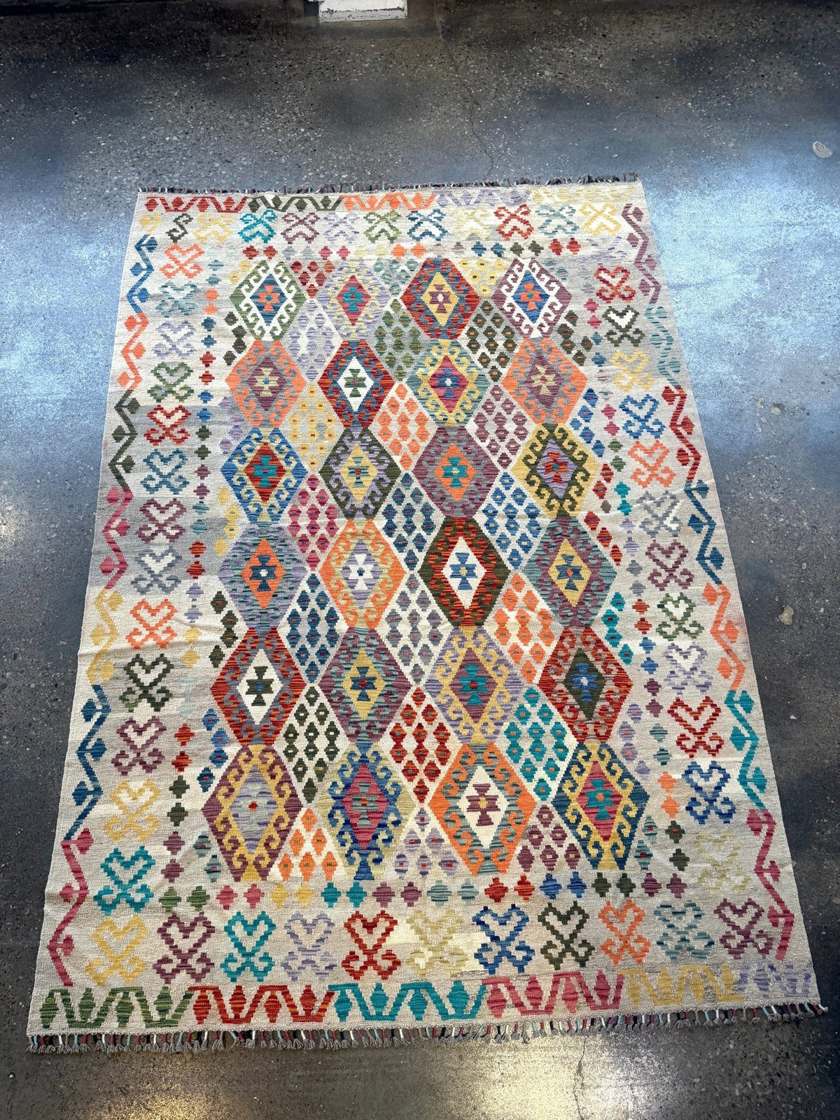 Afghan Maimana Kilim — Pastel Diamonds on Ivory | 7' × 9'11"