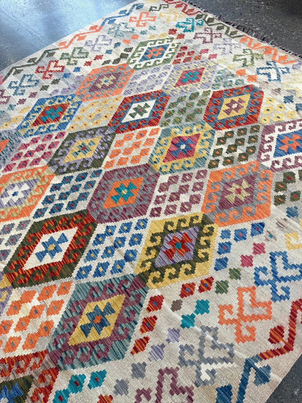 Afghan Maimana Kilim — Pastel Diamonds on Ivory | 7' × 9'11"