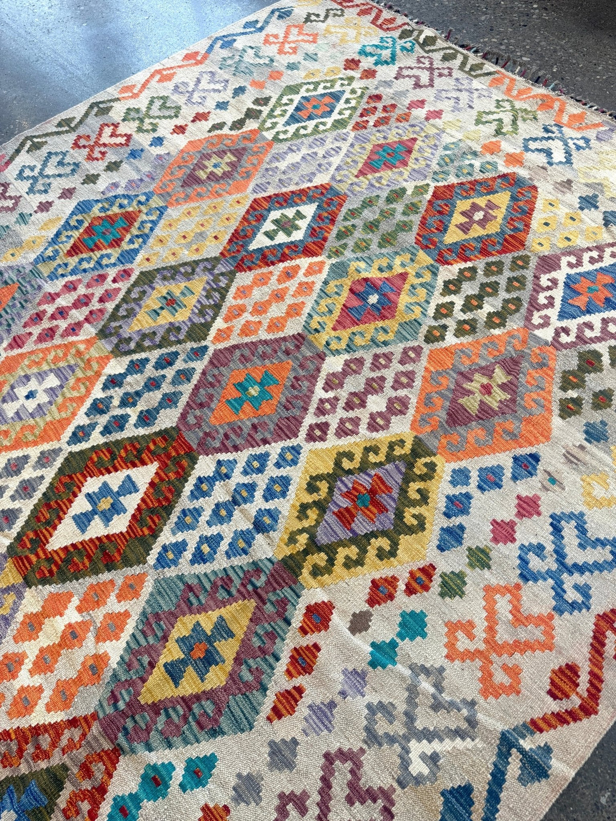 Afghan Maimana Kilim — Pastel Diamonds on Ivory | 7' × 9'11"