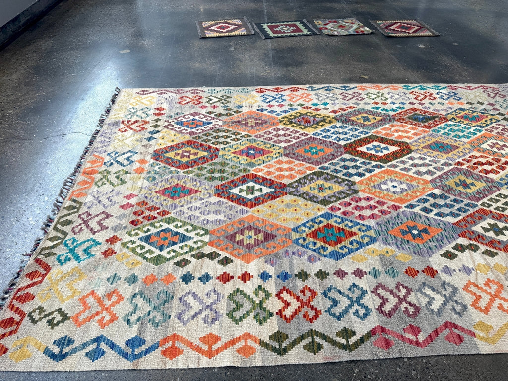 Afghan Maimana Kilim — Pastel Diamonds on Ivory | 7' × 9'11"