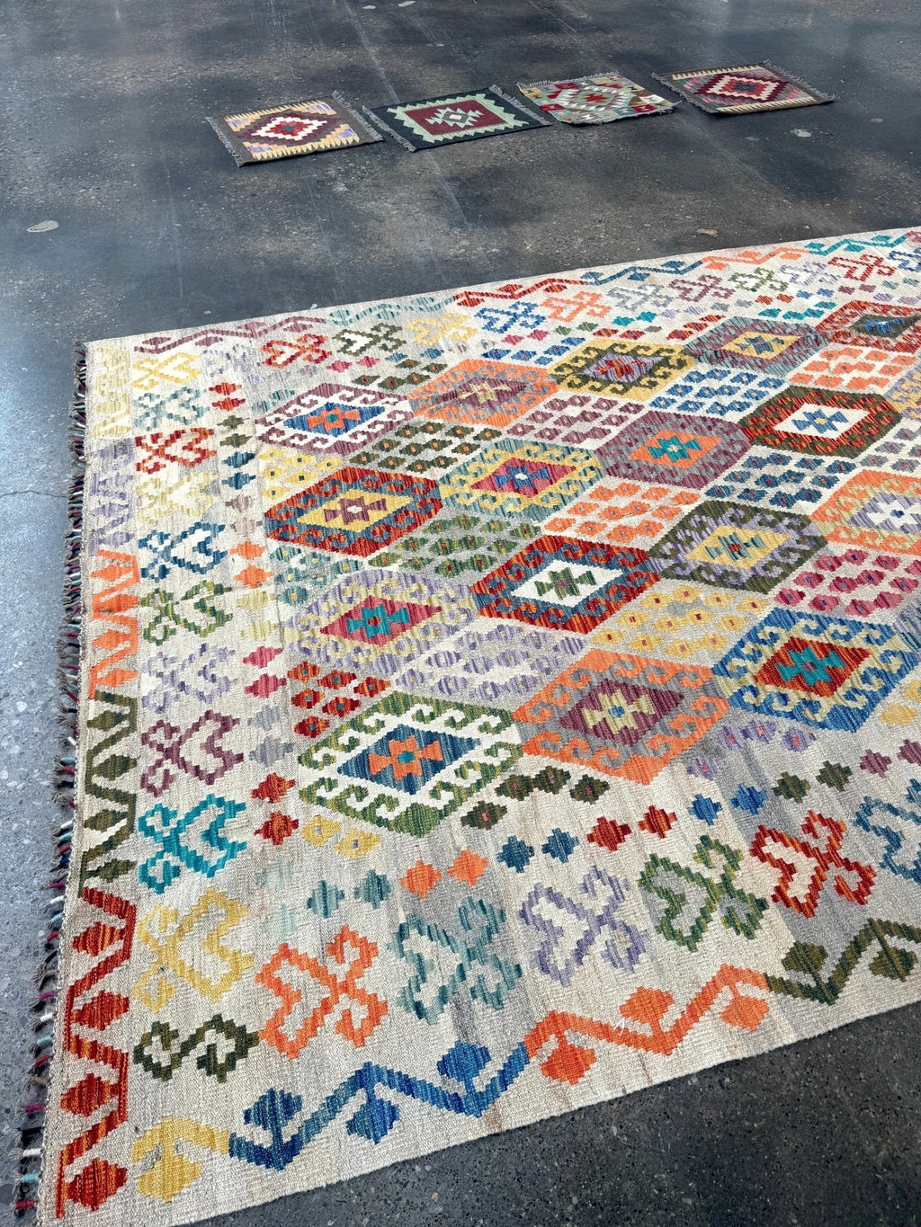 Afghan Maimana Kilim — Pastel Diamonds on Ivory | 7' × 9'11"