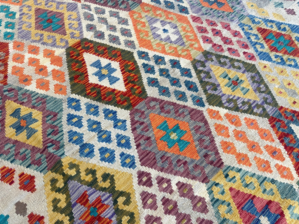 Afghan Maimana Kilim — Pastel Diamonds on Ivory | 7' × 9'11"